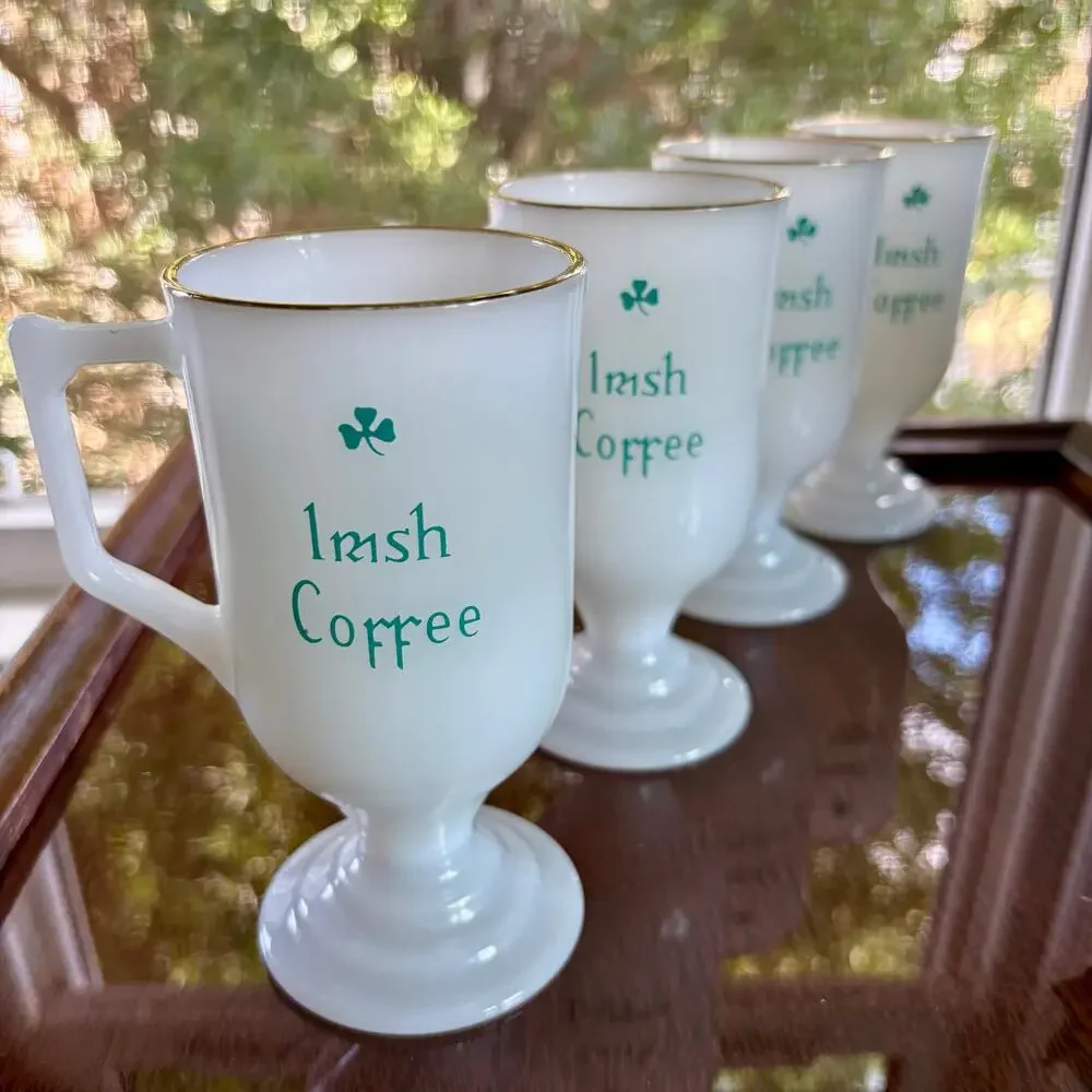 Vintage Irish Coffee Milk Glass Mugs Set of 4 Gold Rim, St. Patrick's Day